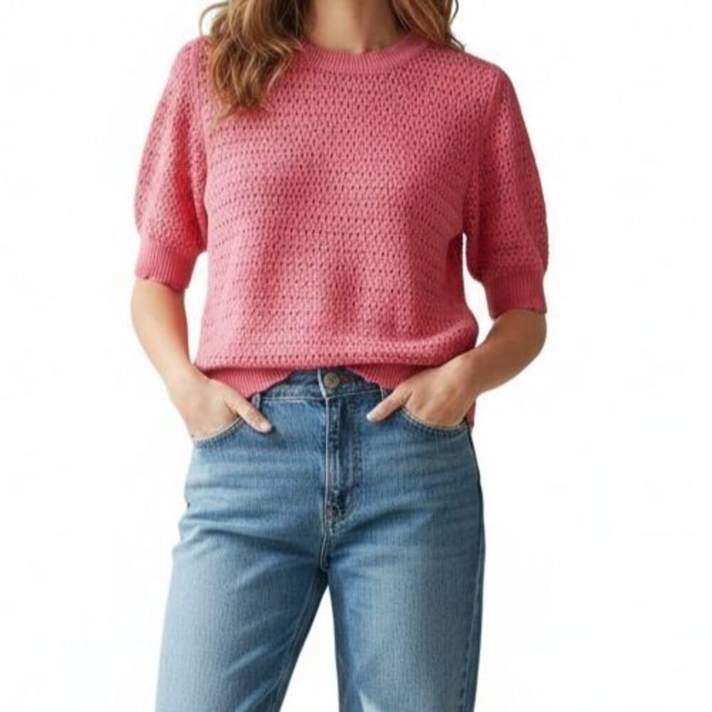 Numph Nufantia Short Sleeve Pullover Sweater Women Large Open Weave Scalloped